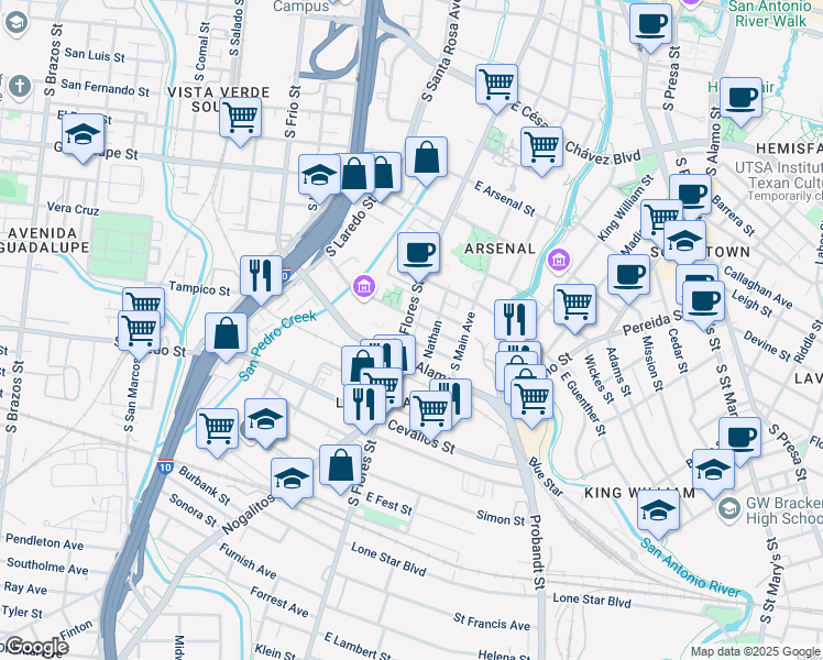 map of restaurants, bars, coffee shops, grocery stores, and more near 1202 South Flores Street in San Antonio