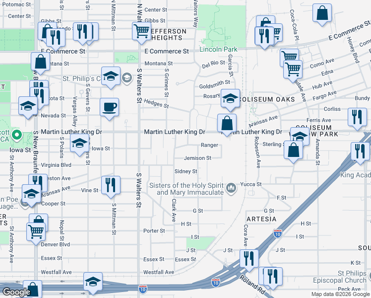 map of restaurants, bars, coffee shops, grocery stores, and more near 1832 Aransas Avenue in San Antonio
