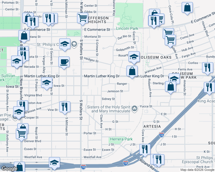 map of restaurants, bars, coffee shops, grocery stores, and more near 1832 Aransas Avenue in San Antonio