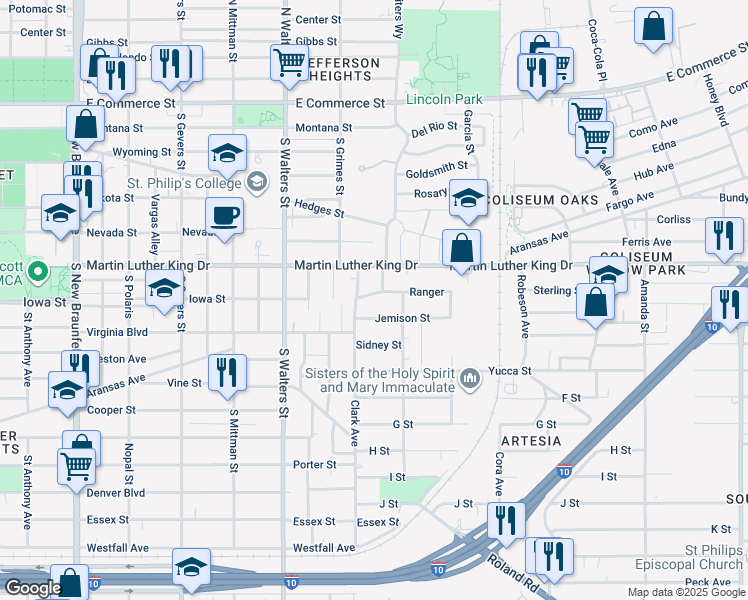 map of restaurants, bars, coffee shops, grocery stores, and more near 1832 Aransas Avenue in San Antonio