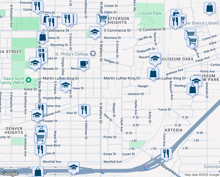 map of restaurants, bars, coffee shops, grocery stores, and more near 202 Poppy Street in San Antonio
