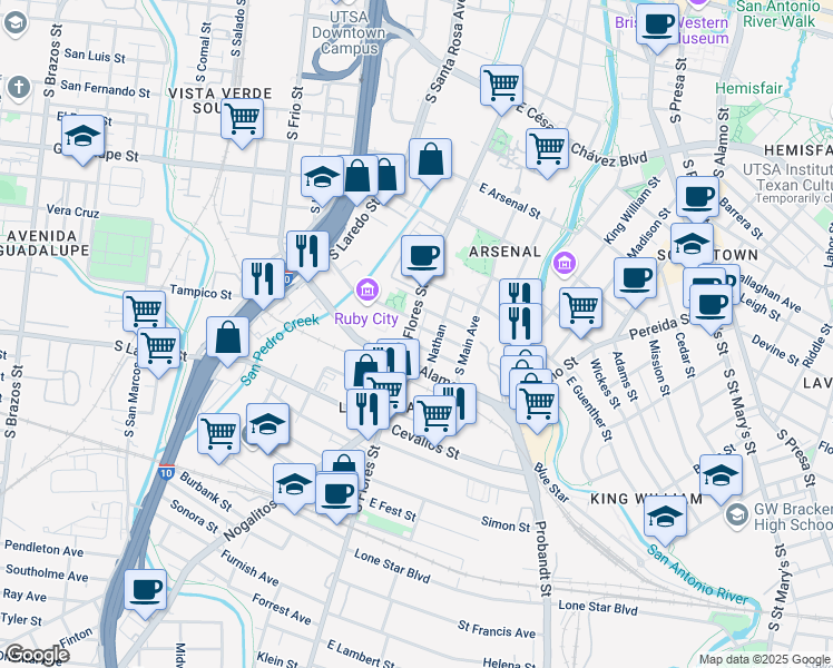 map of restaurants, bars, coffee shops, grocery stores, and more near 1211 South Flores Street in San Antonio