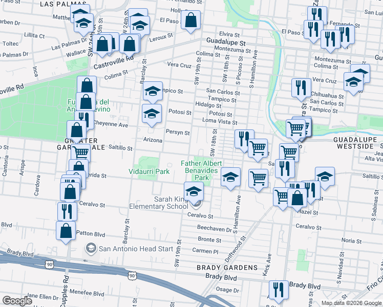 map of restaurants, bars, coffee shops, grocery stores, and more near 1537 Saltillo Street in San Antonio
