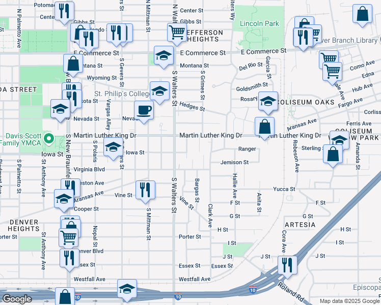map of restaurants, bars, coffee shops, grocery stores, and more near 202 Poppy Street in San Antonio