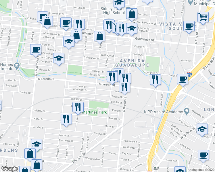 map of restaurants, bars, coffee shops, grocery stores, and more near 2222 South Laredo Street in San Antonio