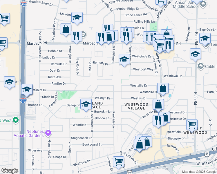 map of restaurants, bars, coffee shops, grocery stores, and more near 7410 Westville Drive in San Antonio