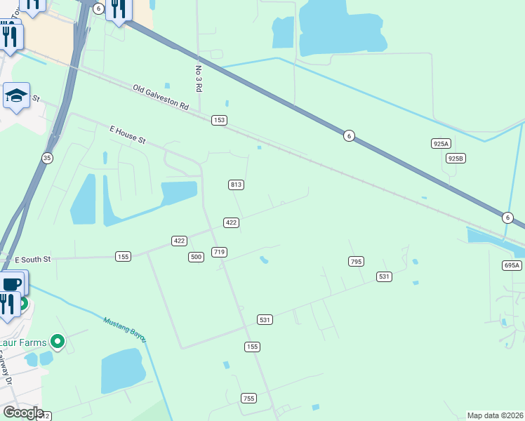 map of restaurants, bars, coffee shops, grocery stores, and more near 3063 County Road 422 in Alvin