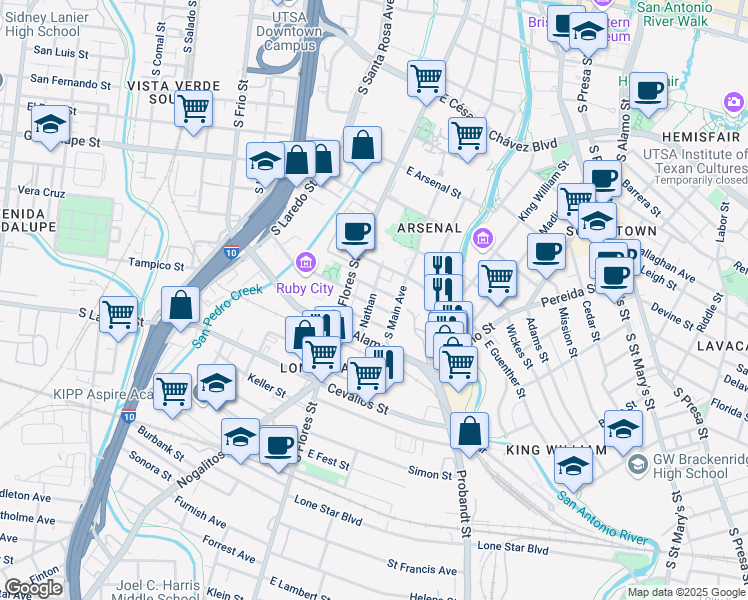 map of restaurants, bars, coffee shops, grocery stores, and more near 203 Daniel Street in San Antonio