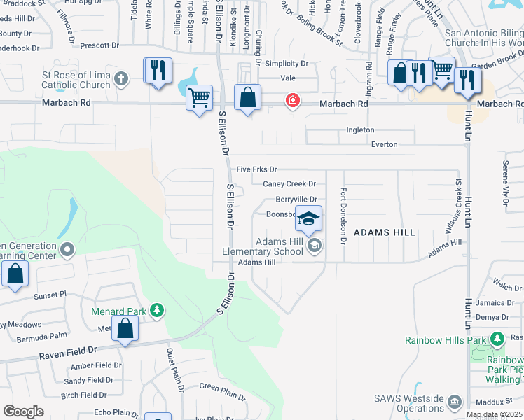 map of restaurants, bars, coffee shops, grocery stores, and more near 9731 Boonsboro Drive in San Antonio