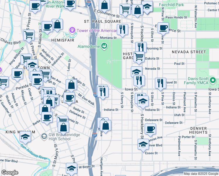 map of restaurants, bars, coffee shops, grocery stores, and more near 223 Iowa Street in San Antonio