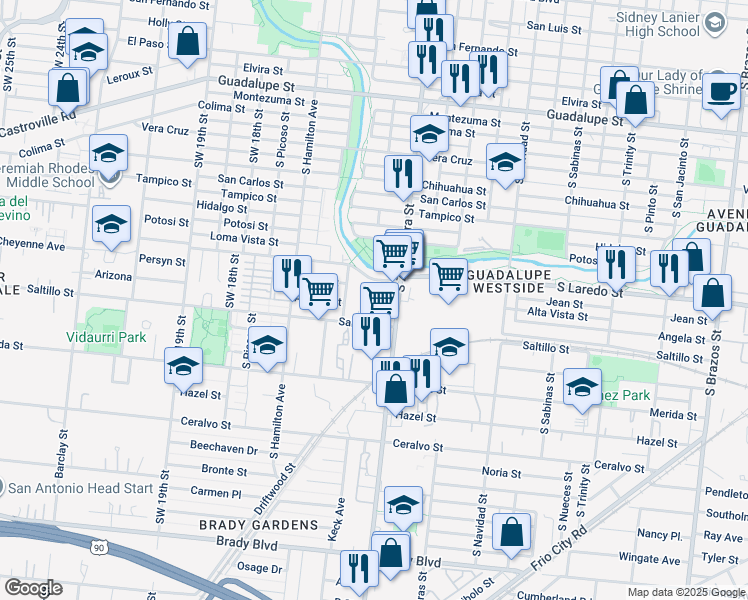 map of restaurants, bars, coffee shops, grocery stores, and more near 1547 South Zarzamora Street in San Antonio