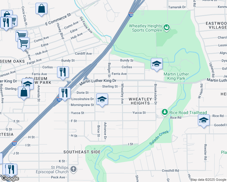 map of restaurants, bars, coffee shops, grocery stores, and more near 351 Dorie Street in San Antonio