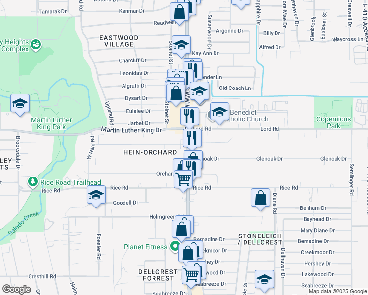 map of restaurants, bars, coffee shops, grocery stores, and more near 1207 South WW White Road in San Antonio