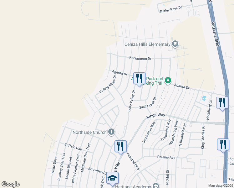 map of restaurants, bars, coffee shops, grocery stores, and more near 115 Covey Ridge Drive in Del Rio