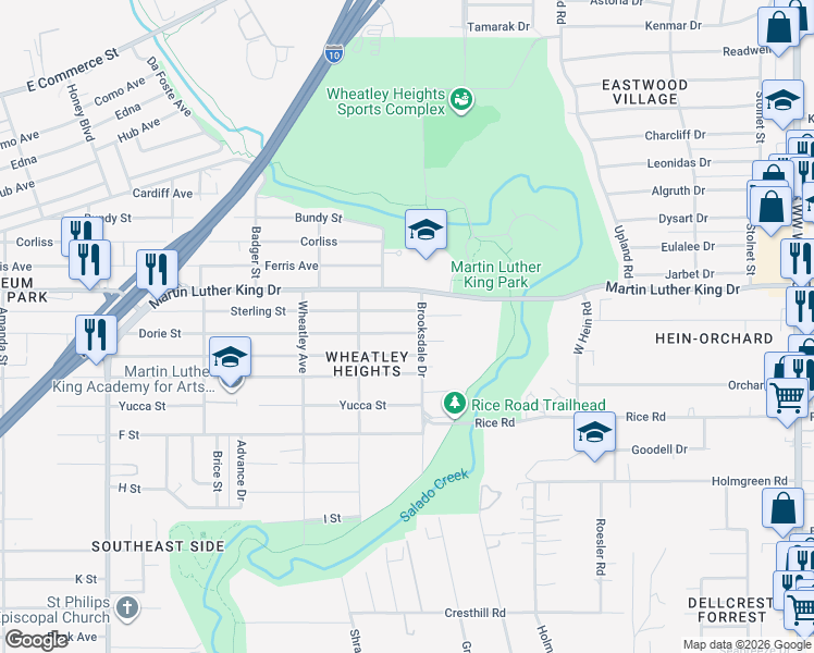 map of restaurants, bars, coffee shops, grocery stores, and more near 547 Dorie Street in San Antonio