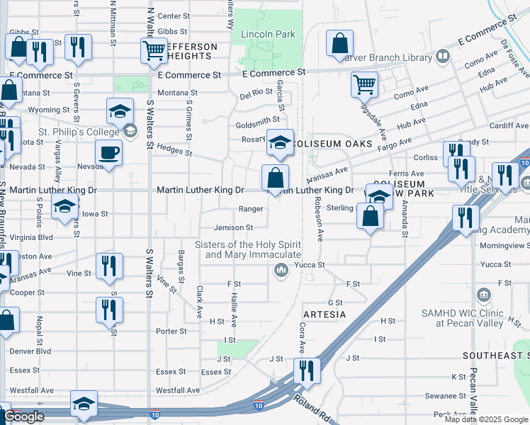 map of restaurants, bars, coffee shops, grocery stores, and more near 146 Ranger in San Antonio