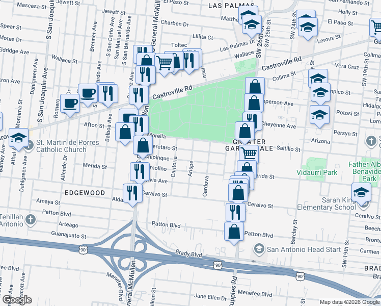 map of restaurants, bars, coffee shops, grocery stores, and more near 218 Queretaro Street in San Antonio