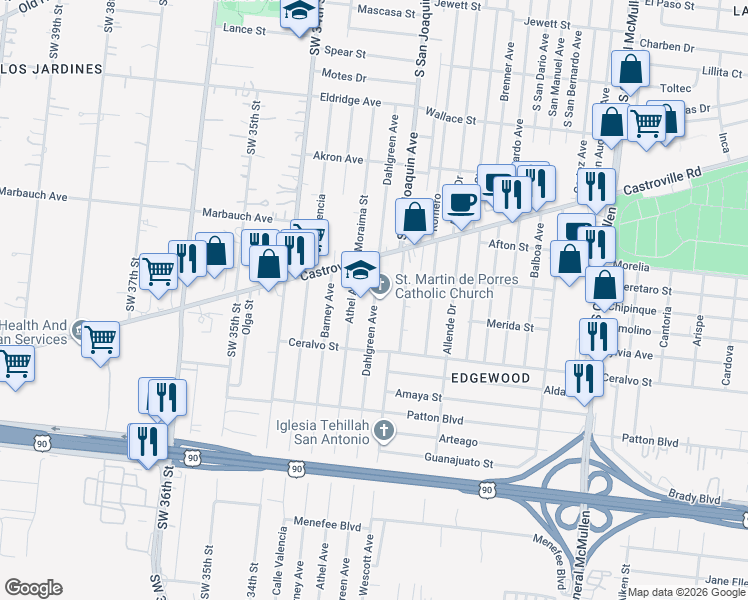 map of restaurants, bars, coffee shops, grocery stores, and more near 1731 Dahlgreen Avenue in San Antonio