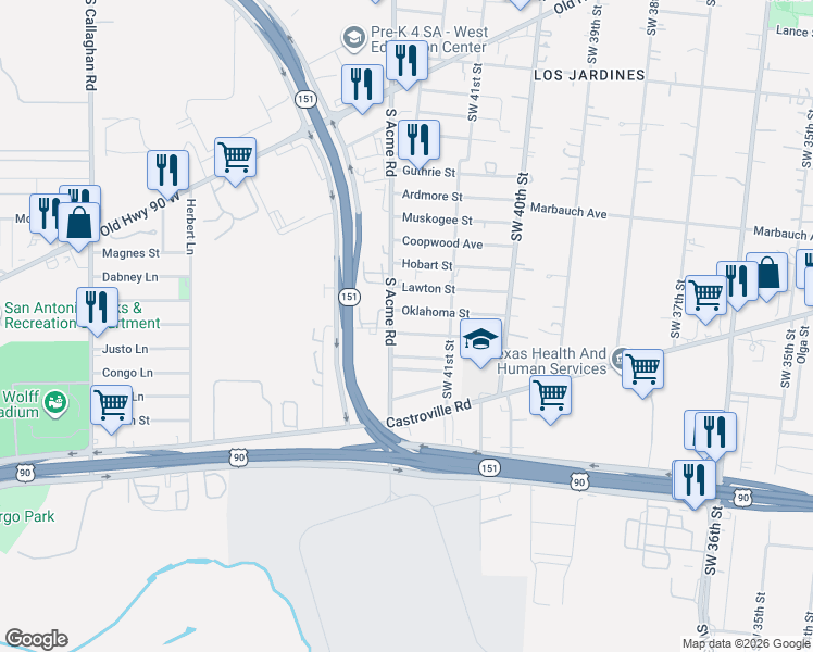 map of restaurants, bars, coffee shops, grocery stores, and more near 1042 South Acme Road in San Antonio