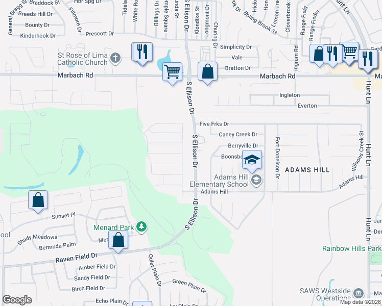 map of restaurants, bars, coffee shops, grocery stores, and more near 9814 Little Laurie Drive in San Antonio