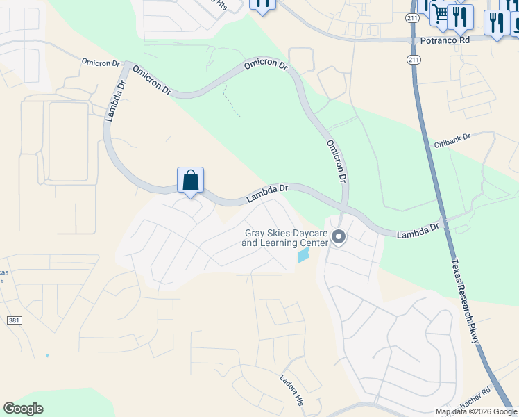 map of restaurants, bars, coffee shops, grocery stores, and more near 2006 Atticus Drive in San Antonio