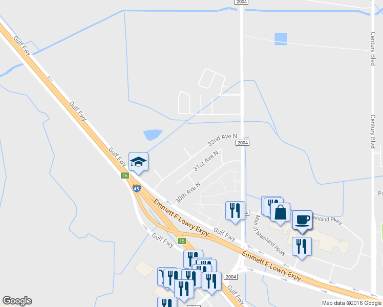 map of restaurants, bars, coffee shops, grocery stores, and more near 11120 32nd Avenue North in Texas City