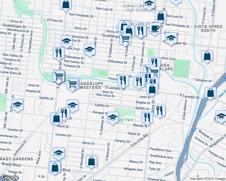 map of restaurants, bars, coffee shops, grocery stores, and more near 333 Jean Street in San Antonio