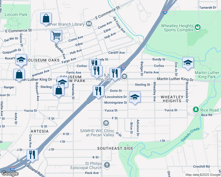 map of restaurants, bars, coffee shops, grocery stores, and more near 11745 Interstate 10 in San Antonio