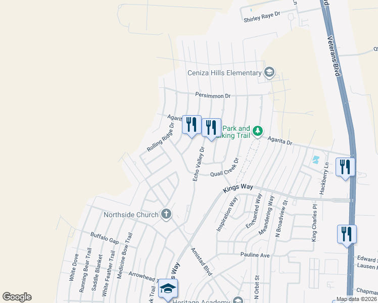 map of restaurants, bars, coffee shops, grocery stores, and more near 203 Silver Sage Drive in Del Rio