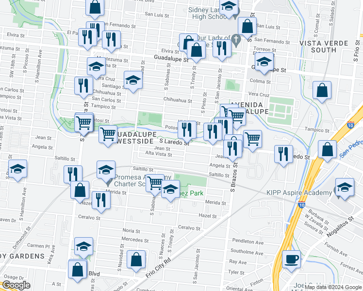 map of restaurants, bars, coffee shops, grocery stores, and more near 2406 South Laredo Street in San Antonio