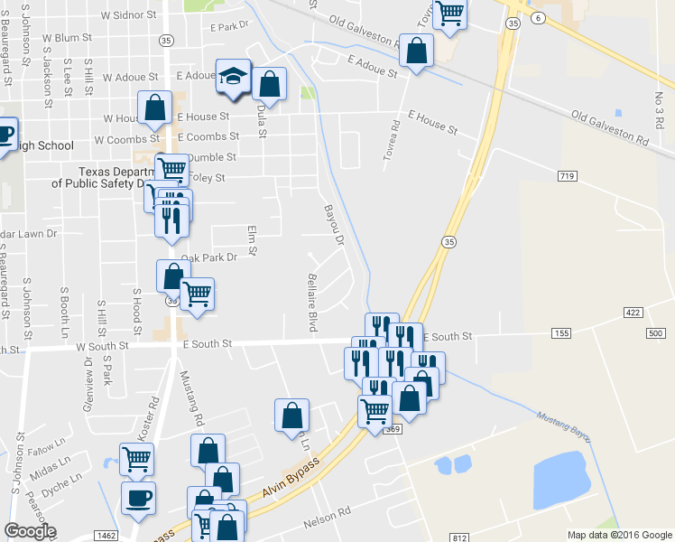 map of restaurants, bars, coffee shops, grocery stores, and more near 713 Briargrove Drive in Alvin