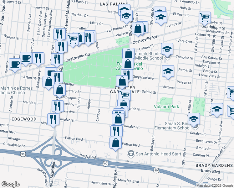 map of restaurants, bars, coffee shops, grocery stores, and more near 123 Ricardo in San Antonio
