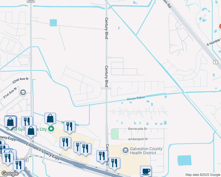 map of restaurants, bars, coffee shops, grocery stores, and more near 3205 Raymond Court in Texas City