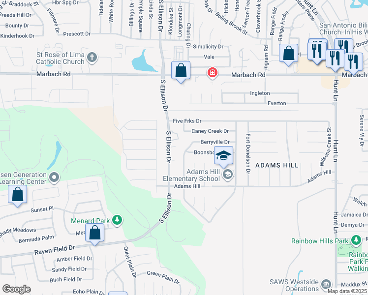 map of restaurants, bars, coffee shops, grocery stores, and more near 9731 Boonsboro Drive in San Antonio