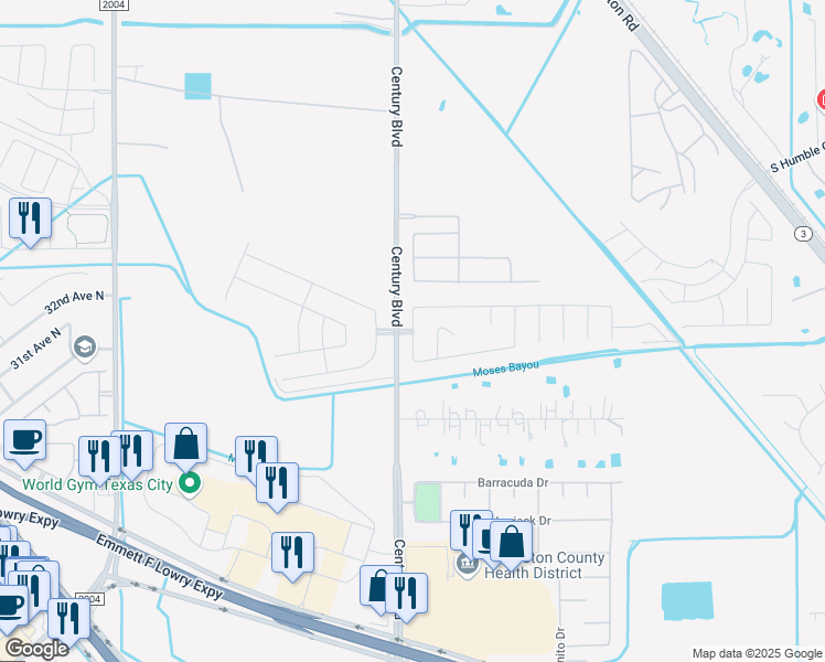 map of restaurants, bars, coffee shops, grocery stores, and more near 3205 Raymond Court in Texas City