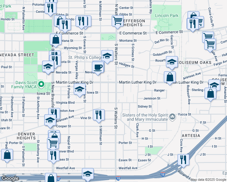 map of restaurants, bars, coffee shops, grocery stores, and more near 2120 Iowa Street in San Antonio