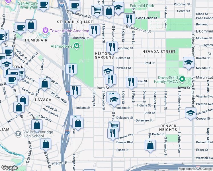 map of restaurants, bars, coffee shops, grocery stores, and more near 731 South Mesquite in San Antonio