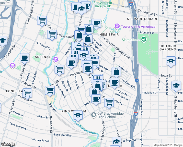 map of restaurants, bars, coffee shops, grocery stores, and more near 1127 South Saint Mary's Street in San Antonio