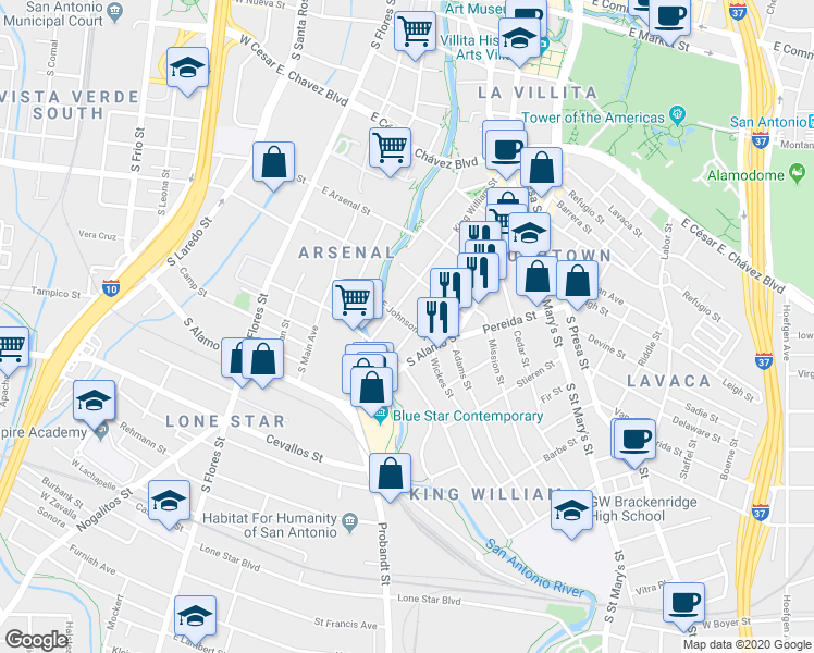 map of restaurants, bars, coffee shops, grocery stores, and more near 521 Madison in San Antonio