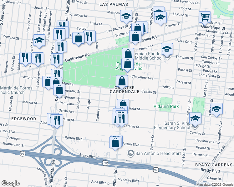 map of restaurants, bars, coffee shops, grocery stores, and more near 123 Ricardo in San Antonio