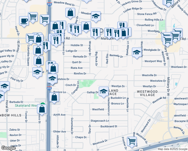map of restaurants, bars, coffee shops, grocery stores, and more near 2014 Roan Drive in San Antonio