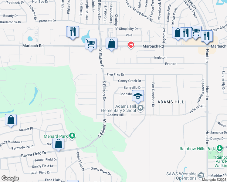 map of restaurants, bars, coffee shops, grocery stores, and more near 9731 Boonsboro Drive in San Antonio
