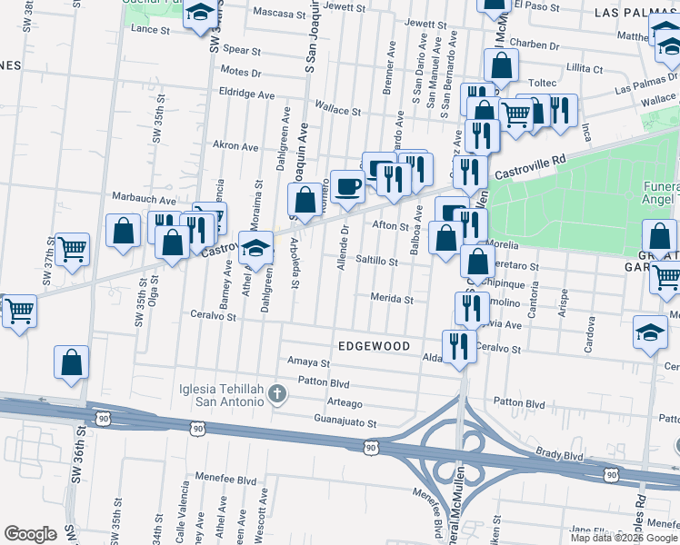 map of restaurants, bars, coffee shops, grocery stores, and more near 1725 Madrid Street in San Antonio