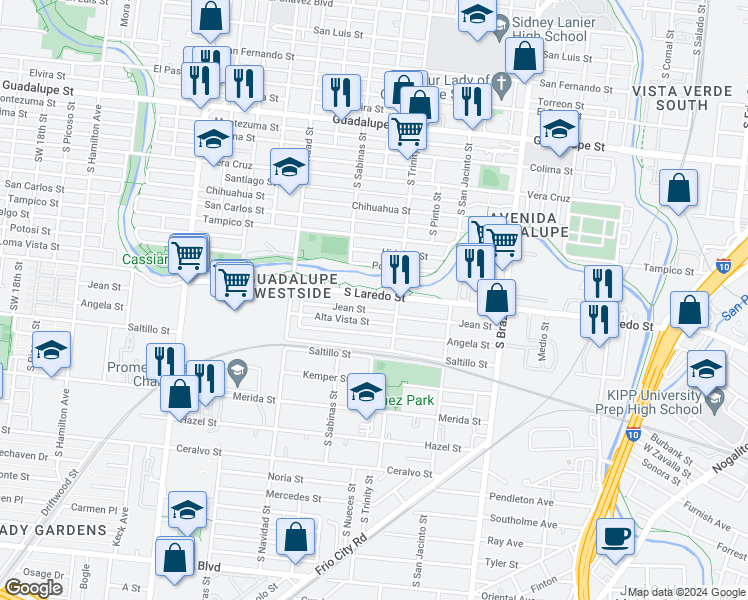 map of restaurants, bars, coffee shops, grocery stores, and more near 2418 South Laredo Street in San Antonio