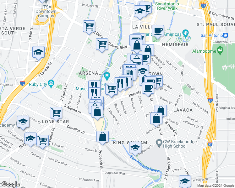 map of restaurants, bars, coffee shops, grocery stores, and more near 1115 South Alamo Street in San Antonio