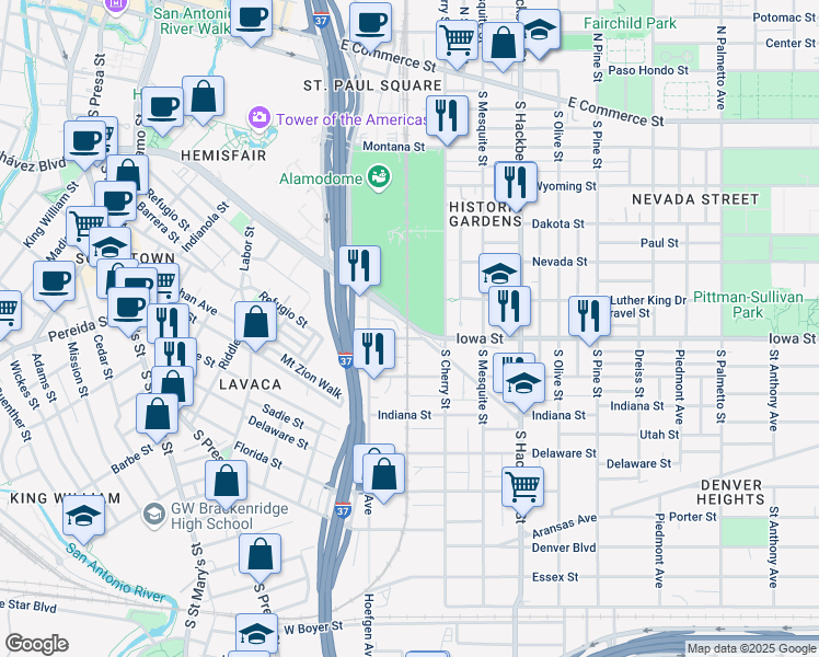 map of restaurants, bars, coffee shops, grocery stores, and more near 655 E Durango Blvd in San Antonio