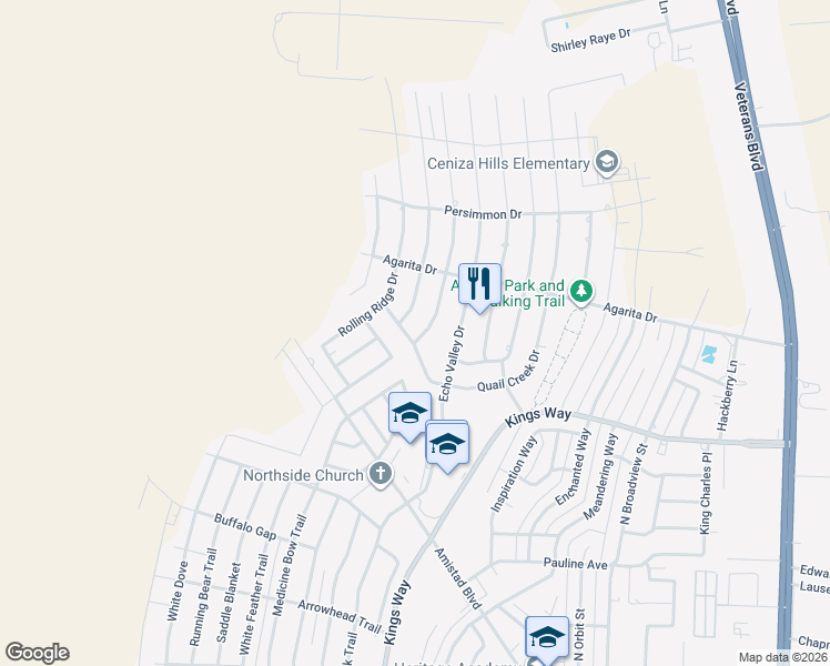 map of restaurants, bars, coffee shops, grocery stores, and more near 203 Silver Sage Drive in Del Rio