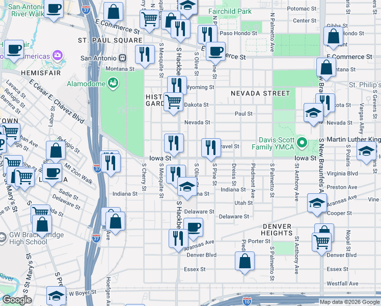 map of restaurants, bars, coffee shops, grocery stores, and more near 701 South Olive Street in San Antonio
