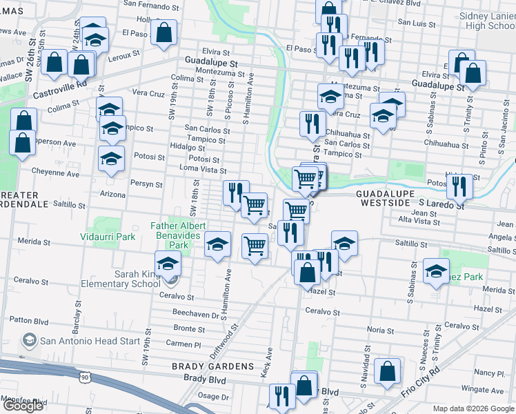 map of restaurants, bars, coffee shops, grocery stores, and more near 818 Angela Street in San Antonio