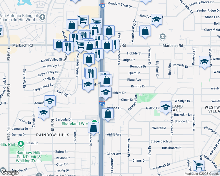 map of restaurants, bars, coffee shops, grocery stores, and more near 2030 Southwest Loop 410 in San Antonio